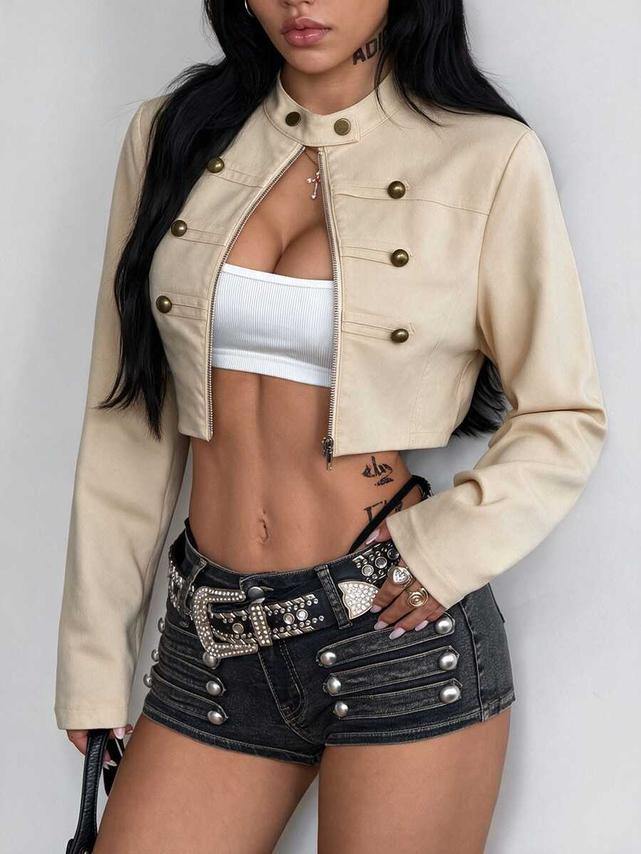 Women's metallic grey cropped faux leather jacket featuring a stand collar and asymmetrical zip front closure.