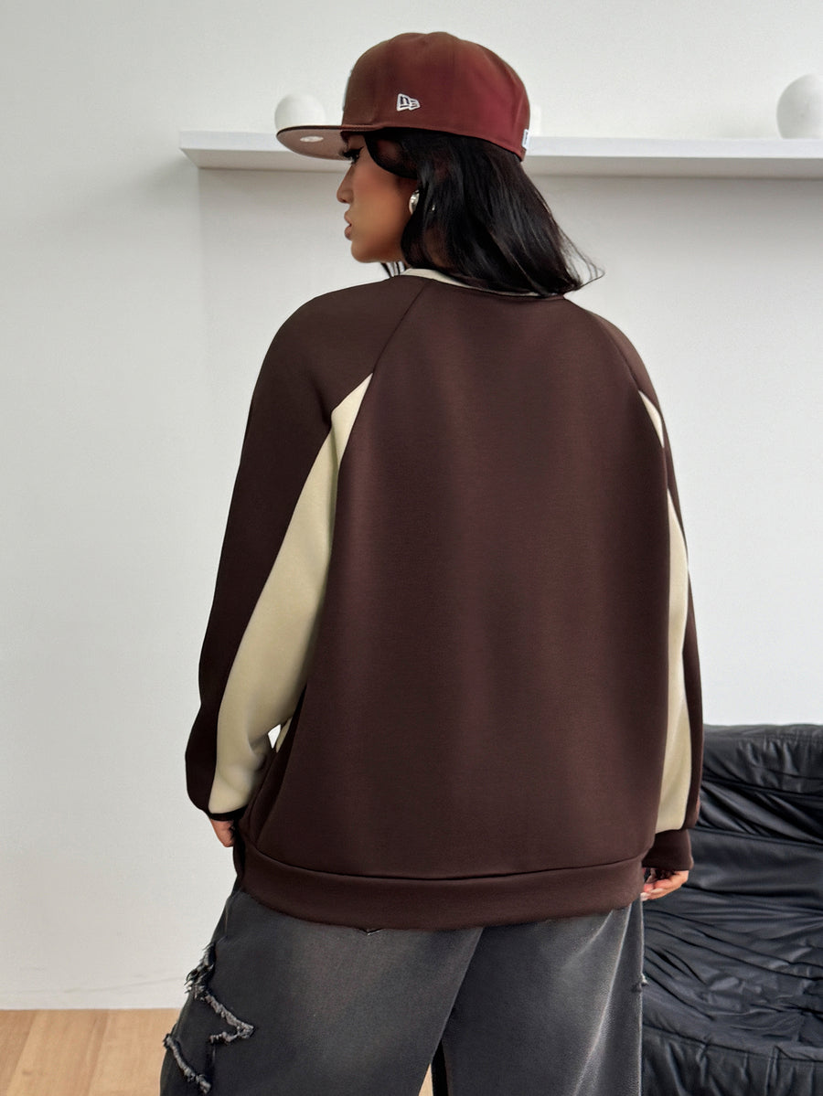 Color-blocked loose pullover sweatshirt with a round neckline, raglan sleeves, and ribbed knit trim.
