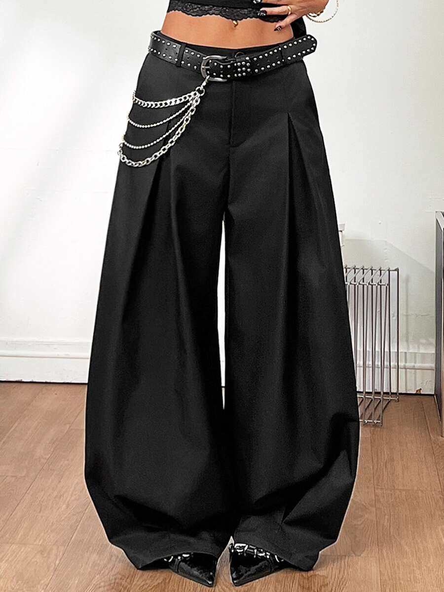 Casual black striped woven long pants for women featuring a low waist and loose fit design.