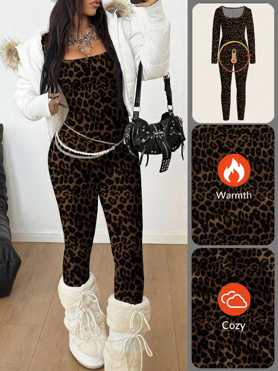 Black square neck long sleeve sport jumpsuit in rib-knit fabric with slim fit unitard silhouette for women.