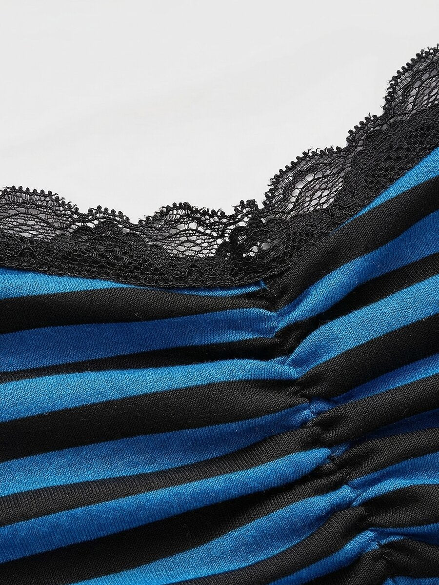 Women's striped rib-knit camisole top with contrast lace trim, ruched details, and spaghetti straps.