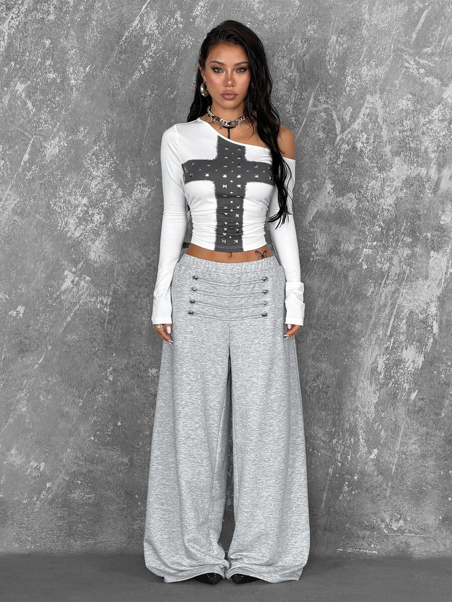 Women's loose fit wide leg graphic sweatpants in light grey with an elastic drawstring waistband