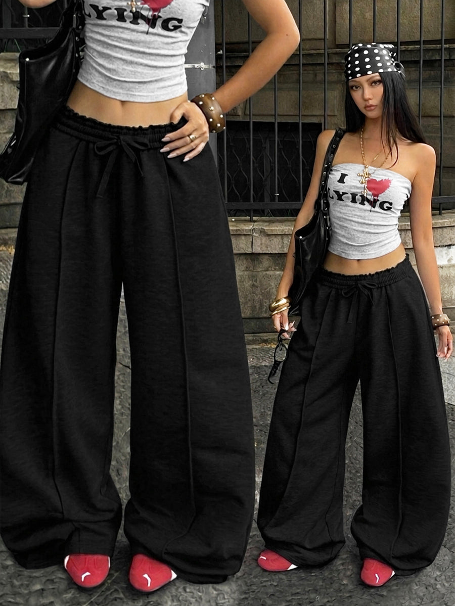 Women's striped straight leg casual trousers with elastic mid waist and side pockets