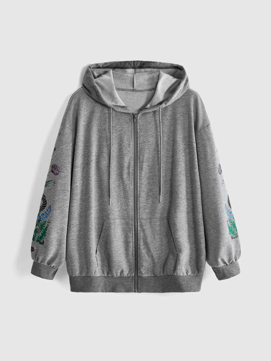 Women's plus size oversized zip-up sweatshirt jacket featuring a gothic graphic with coiled snake, butterfly, and thorn motifs, drawstring hood, and front pockets.