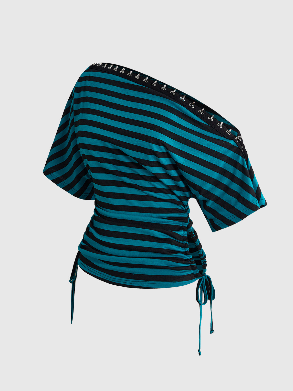 Women's slim fit short sleeve t-shirt featuring an asymmetric off-the-shoulder neckline, ruched design, and metal buckle detail.