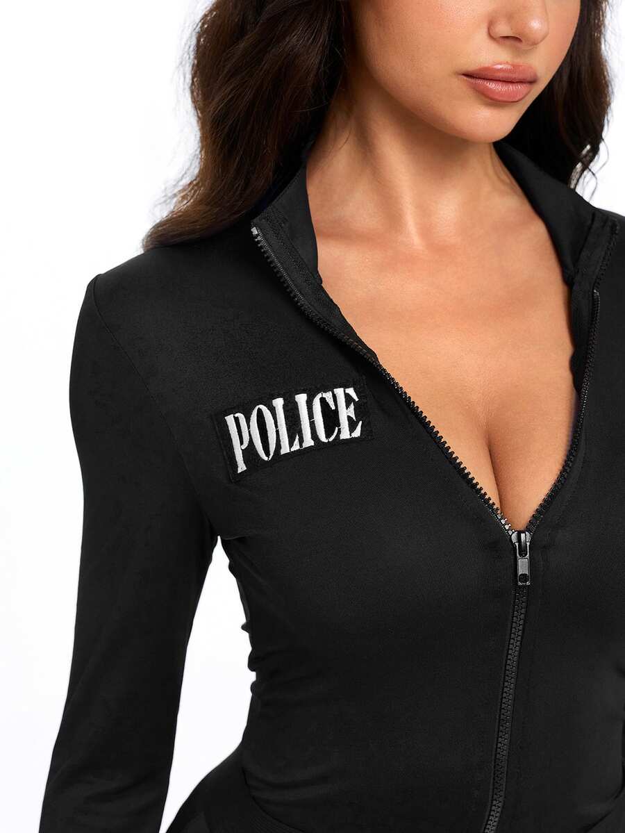 Women's blue colorblock police costume set featuring a long sleeve front zipper jumpsuit, turn-down collar, and matching waist belt with leg garter.