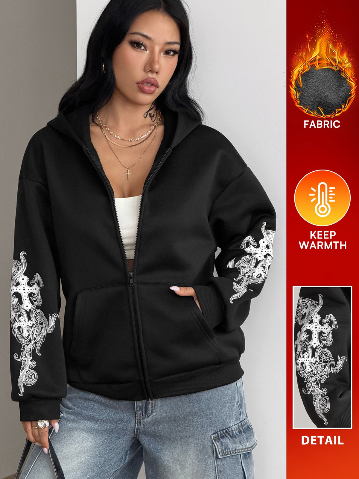 Women's brown leopard print zip-up hoodie with contrast faux fur trim and long bishop sleeves