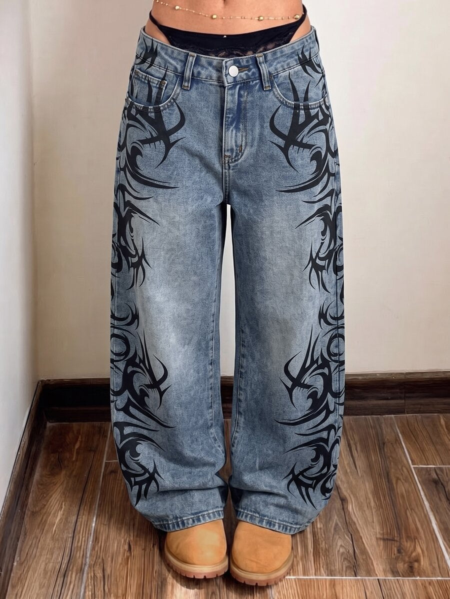 Front view of women's loose wide leg denim jeans featuring a mid waist, classic front pockets, and a zipper fly closure.