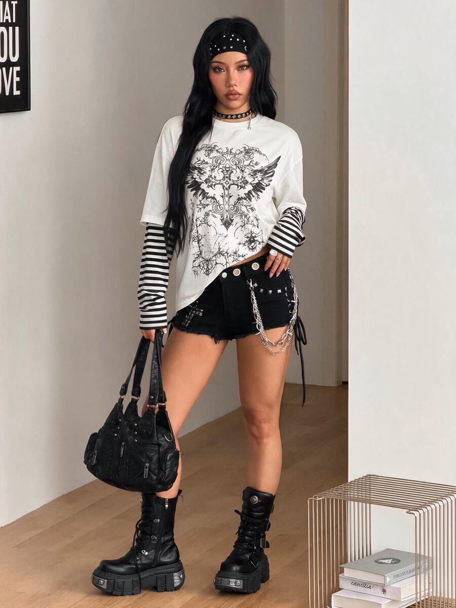 Women's casual graphic long sleeve t-shirt with a round neck, drop shoulder sleeves, and loose relaxed fit.