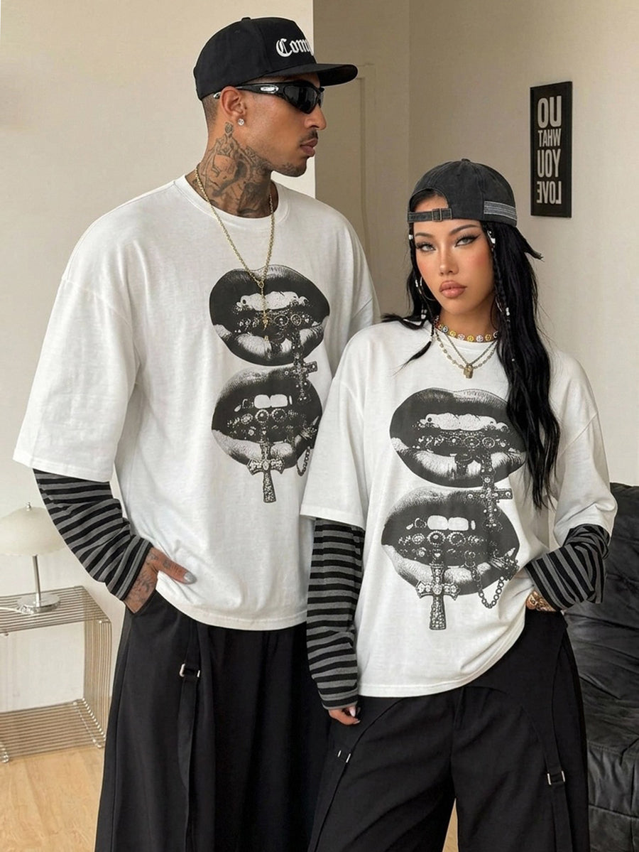 Women's casual graphic long sleeve t-shirt with a round neck, drop shoulder sleeves, and loose relaxed fit.