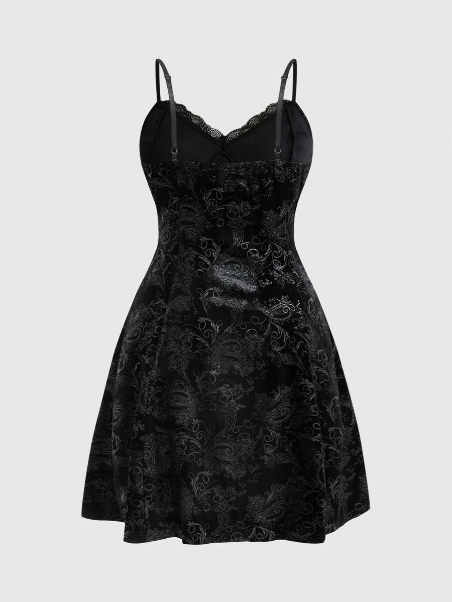 Plus size velvet slip dress featuring delicate contrast lace trim, spaghetti straps, and flared mini skirt with matching arm sleeves.
