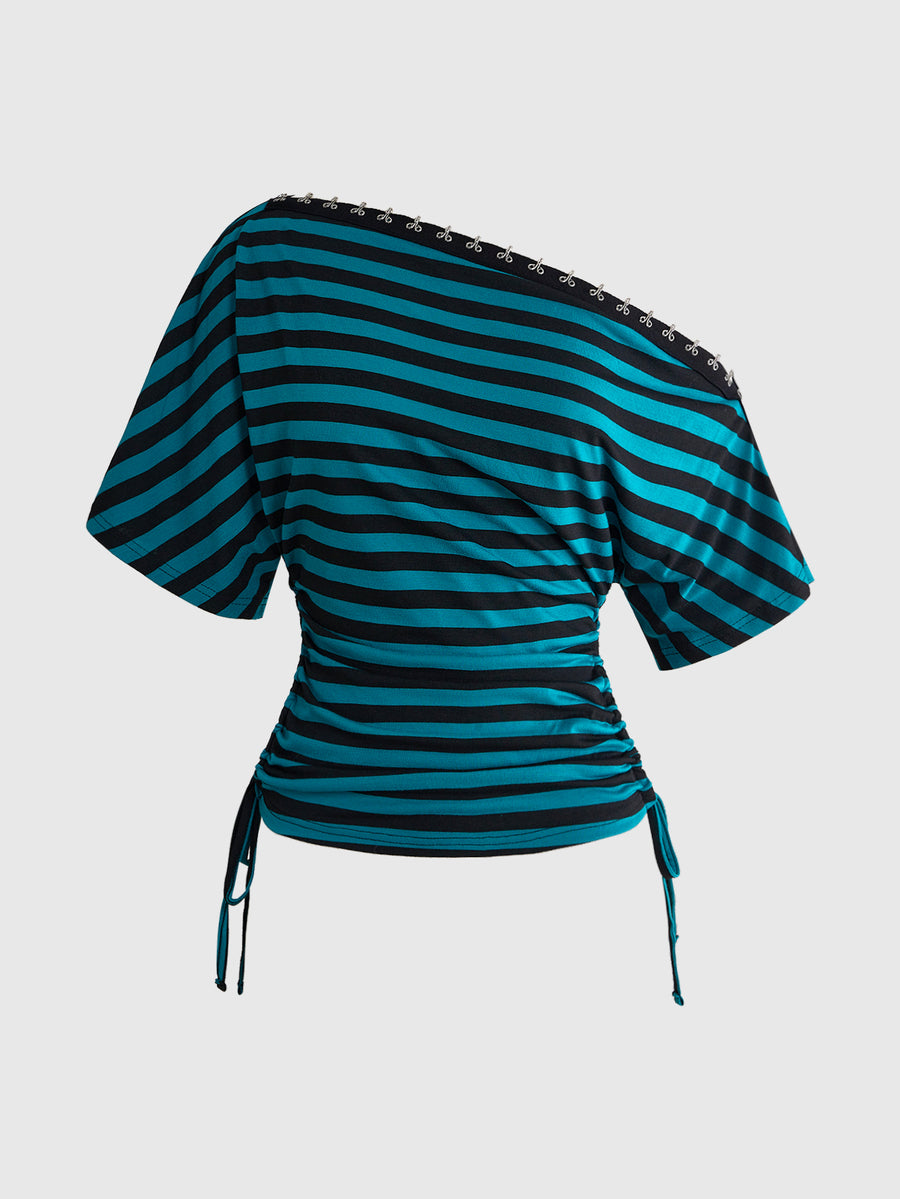 Women's slim fit short sleeve t-shirt featuring an asymmetric off-the-shoulder neckline, ruched design, and metal buckle detail.