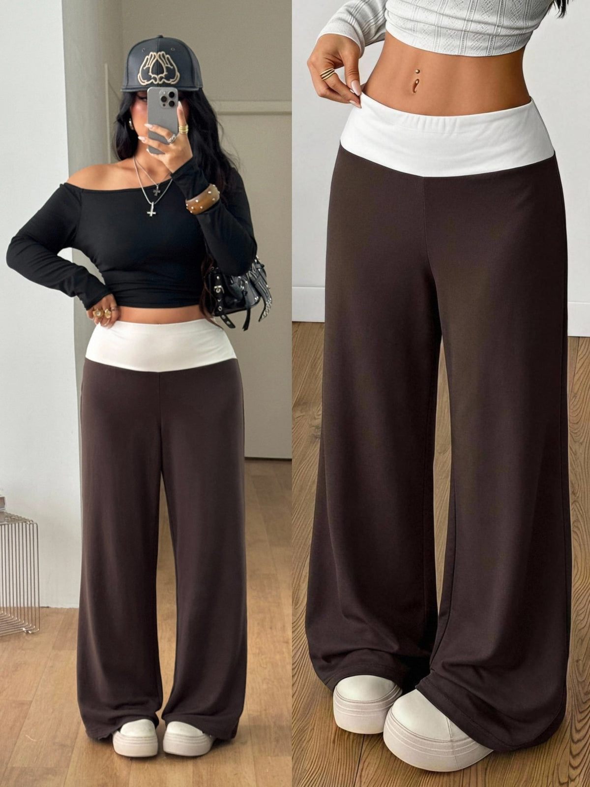 Women's casual straight leg sweatpants featuring a black and white polka dot design with an elastic waistband.