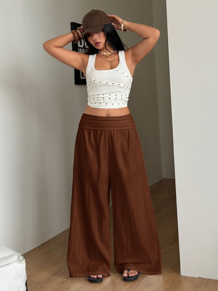 Women's plus size wide leg cotton pants featuring a relaxed loose fit and high waist design.