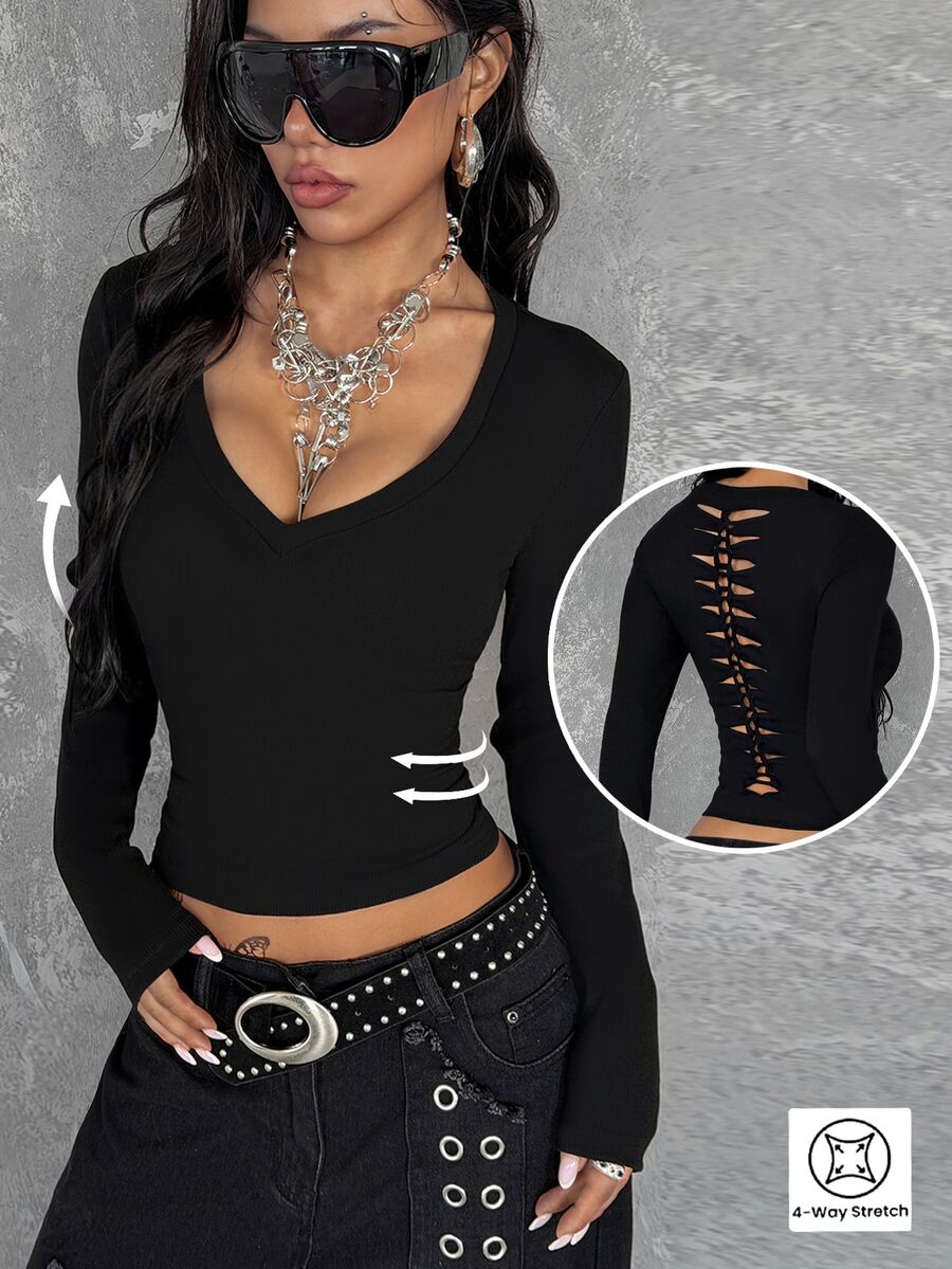 Women's fitted long sleeve rib-knit top featuring a deep V-neckline with delicate contrast lace detailing.