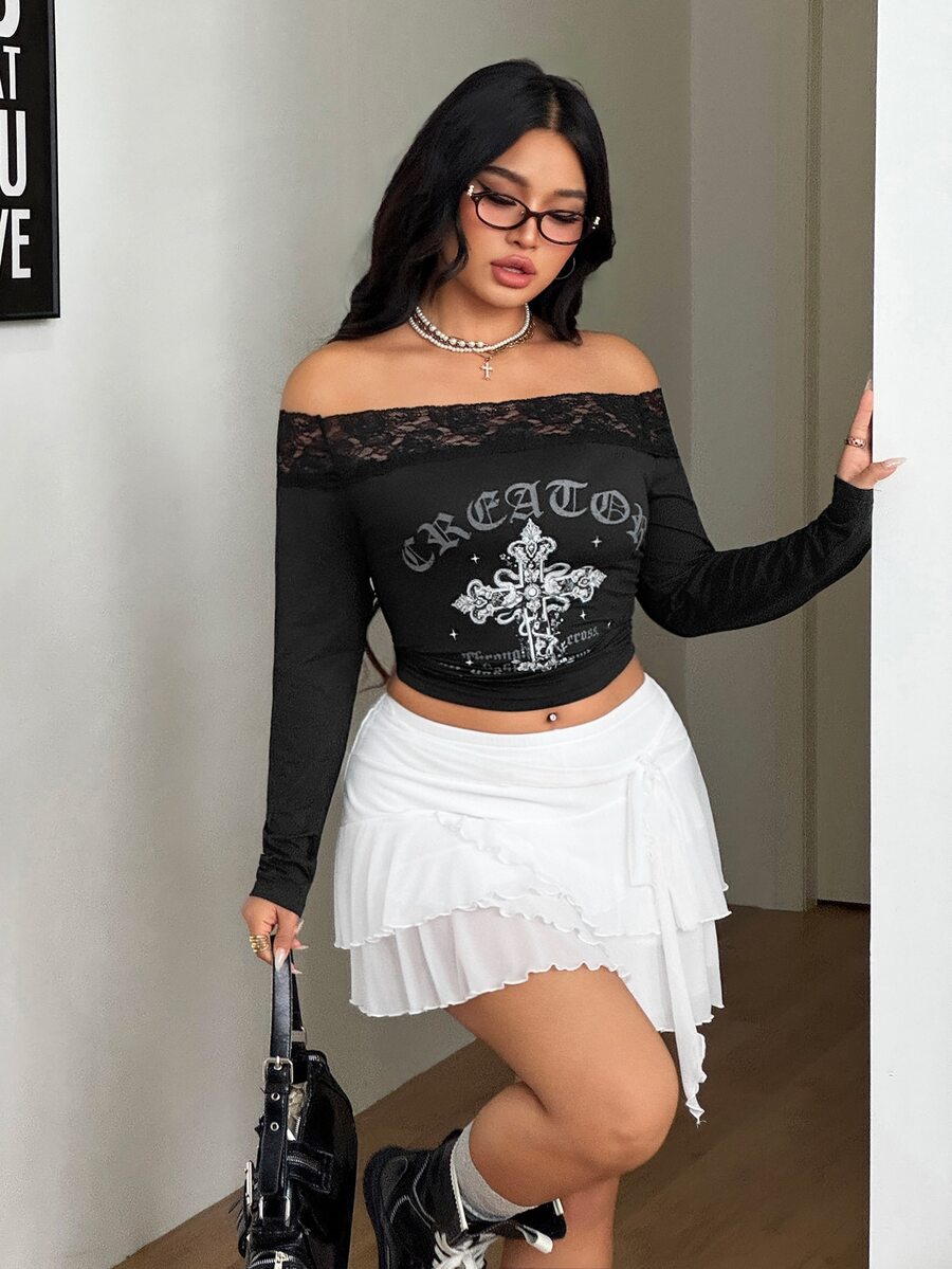 Women's striped off the shoulder long-sleeve top with contrast lace trim and ribbed knit texture.