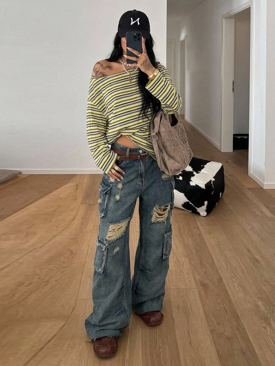 Women's brown striped boat neck long sleeve raglan T-shirt with a loose casual fit