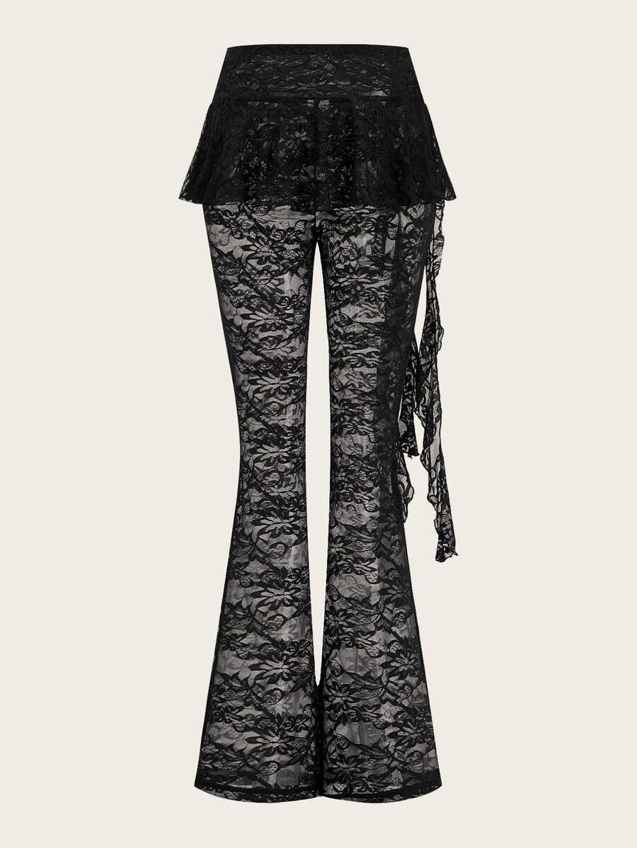 Black high-waist flare leg pants featuring contrast lace trim, floral ribbon detail, and semi-sheer knitted fabric.