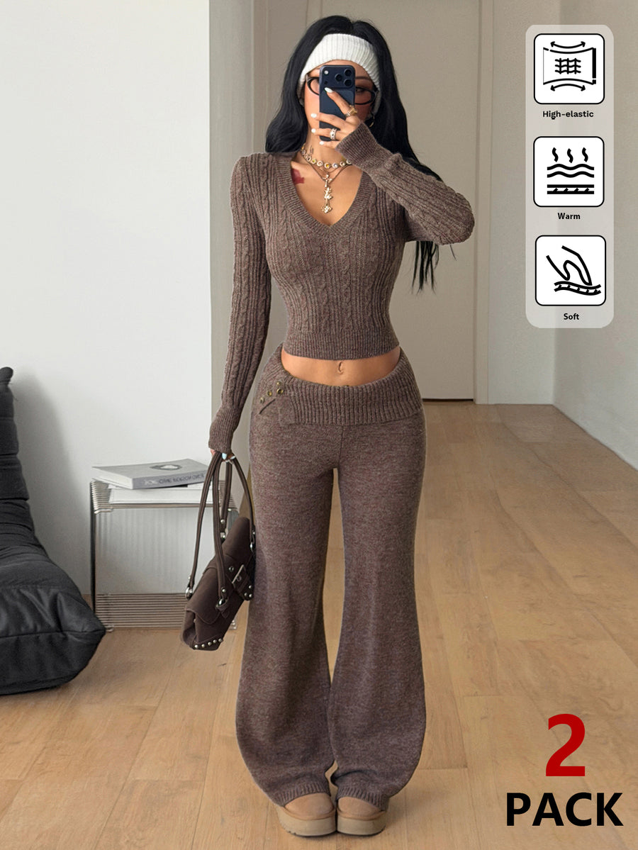 Women's brown ribbed knit two-piece sweater set featuring a long sleeve V-neck top and wide leg flare pants.