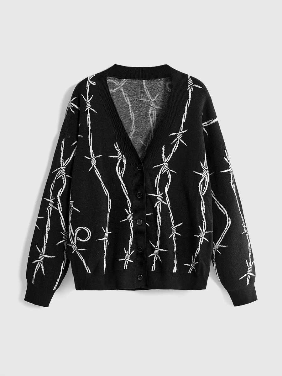 Women's oversized gothic thorn jacquard knit cardigan with V-neckline, button-front closure, and long drop-shoulder sleeves.