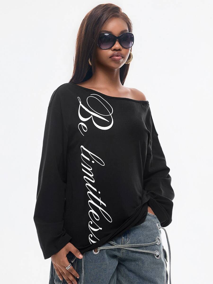 Women's brown striped boat neck long sleeve raglan T-shirt with a loose casual fit