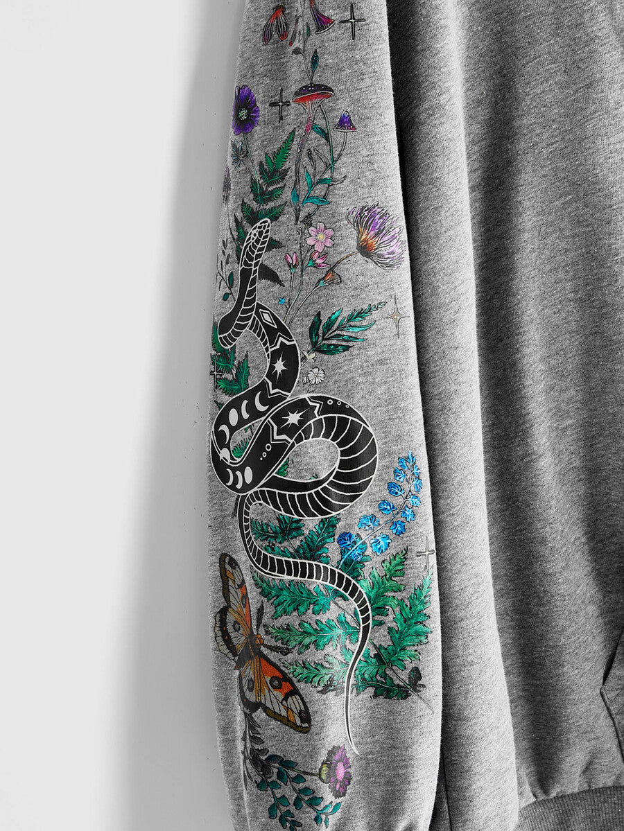 Women's plus size oversized zip-up sweatshirt jacket featuring a gothic graphic with coiled snake, butterfly, and thorn motifs, drawstring hood, and front pockets.