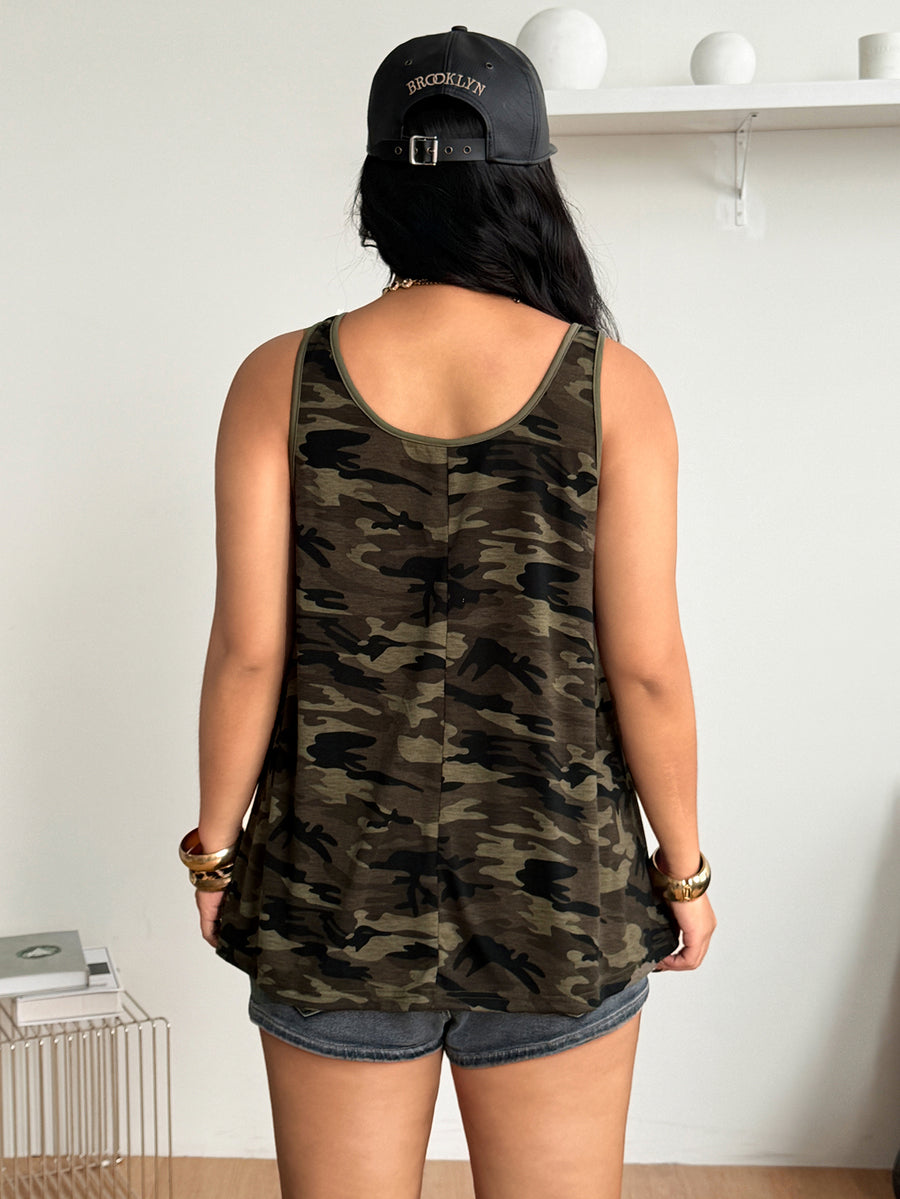 Women's camouflage print tank top featuring a scoop neckline and knitted stretch fabric in army green.