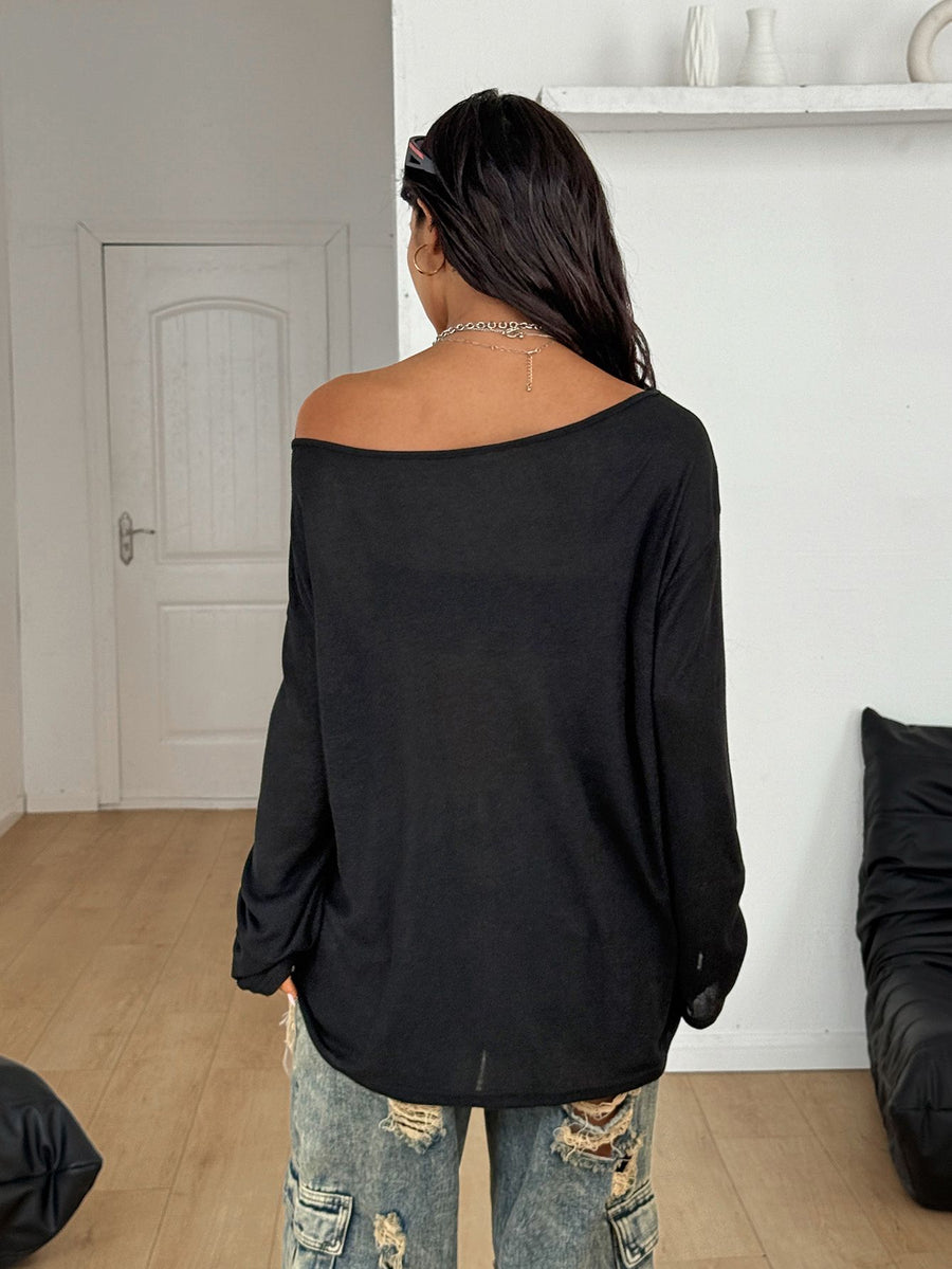 Women's brown striped boat neck long sleeve raglan T-shirt with a loose casual fit