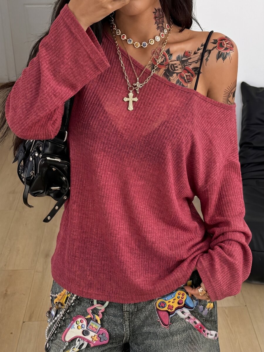 Women's brown striped boat neck long sleeve raglan T-shirt with a loose casual fit
