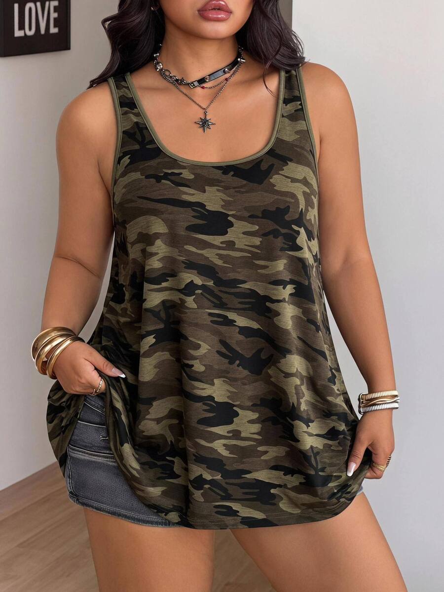 Women's camouflage print tank top featuring a scoop neckline and knitted stretch fabric in army green.