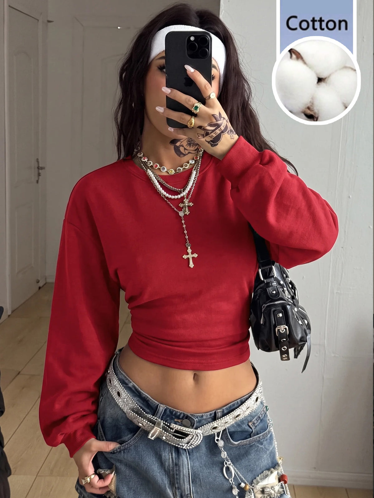 Women's brown waist-cinching sweatshirt featuring a round neck, drop shoulder long sleeves, and rib-knit cuffs.