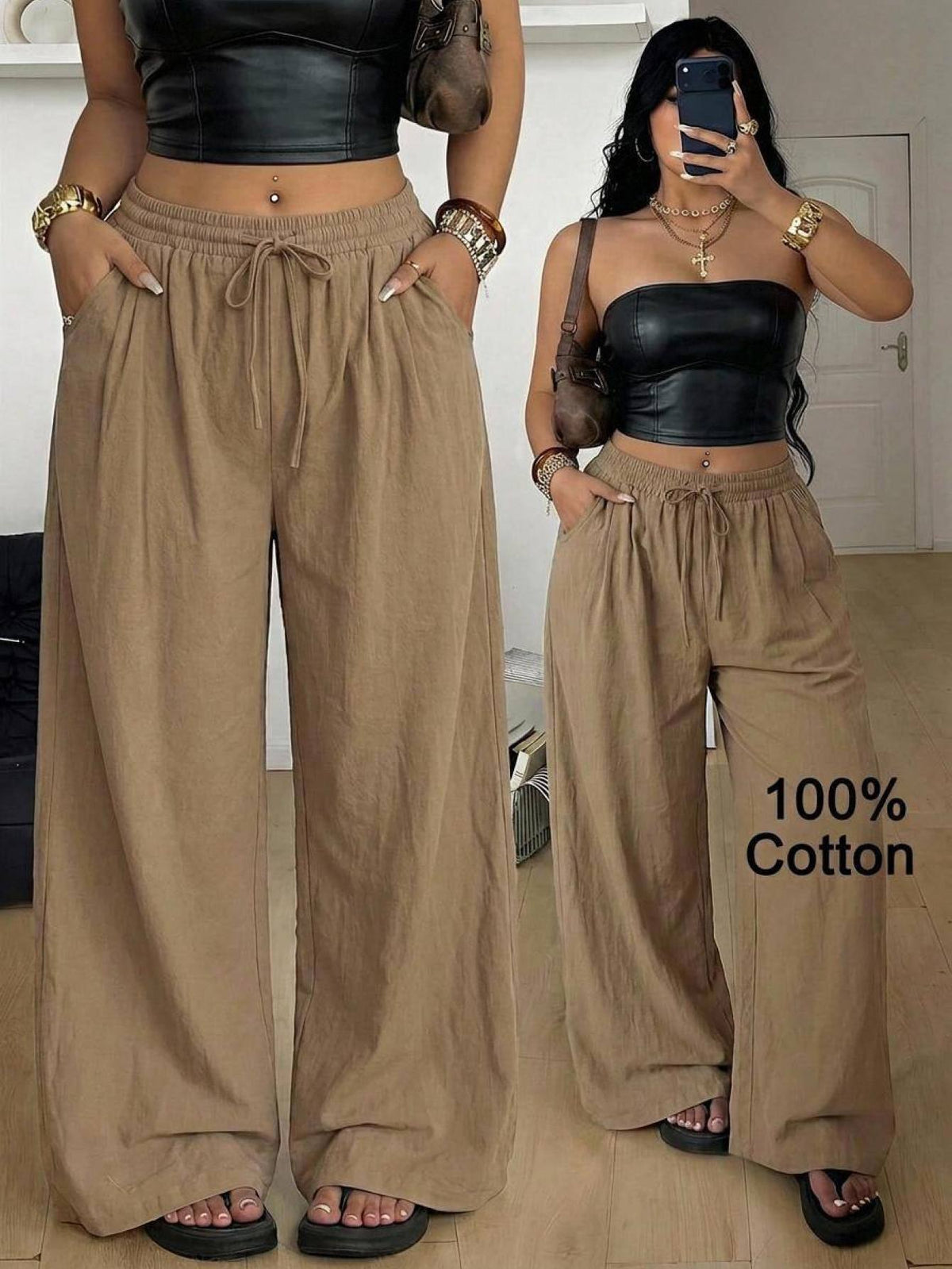 Women's loose straight leg cotton pants featuring a high waist with an adjustable drawstring knot and functional side pockets.