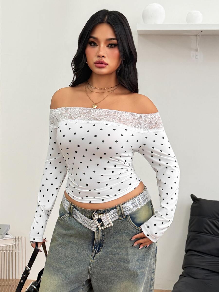 Women's striped off the shoulder long-sleeve top with contrast lace trim and ribbed knit texture.